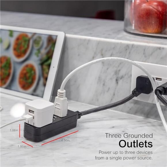 Designer 3-Outlet Power Strip, 1 Ft Braided Extension Cord, 3 Grounded - Picture 3 of 7